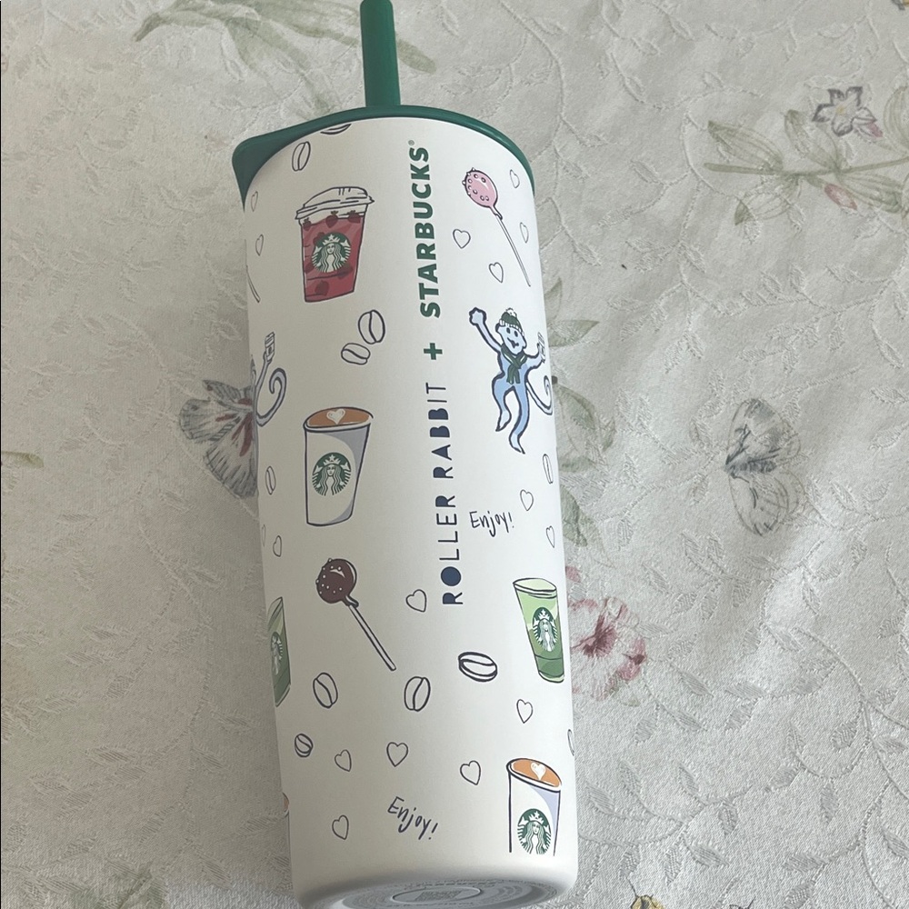 Starbucks Playful White Tumbler with Green Lid